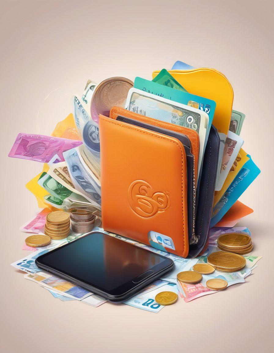 A lively wallet sitting on a colorful table, overflowing with vibrant banknotes and shiny coins, surrounded by fun and secure payment gadgets like a contactless card reader, a smartphone with a payment app, and a digital wallet icon. In the background, playful illustrations of shopping bags and smiling users making purchases, embodying the spirit of ease and joy in handling finances. The overall image gives a warm, inviting feel, showcasing the fun and security in modern payments. vector art. vibrant colors. white background.
