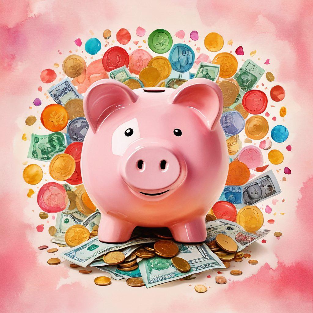 A heart-shaped piggy bank surrounded by colorful coins and banknotes, symbolizing love and joy in financial transactions. Bright, warm colors radiate from the center, evoking feelings of trust and happiness. The background features soft, abstract shapes that convey a sense of warmth and positivity. Inspired by watercolor art style. vibrant colors. soft background.