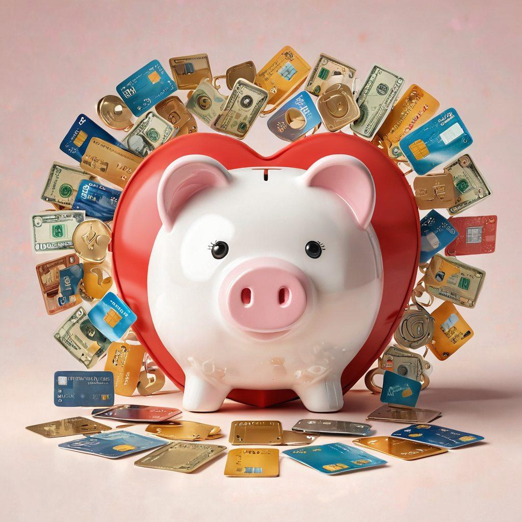 A heart-shaped lock symbolizing secure finances, surrounded by various payment methods like credit cards, digital wallets, and cash, all radiating warm light. In the background, a gentle hand holding a piggy bank, representing care and attention. The color palette should be soft yet vibrant to evoke feelings of love and security. 3D illustration. warm colors. white background.